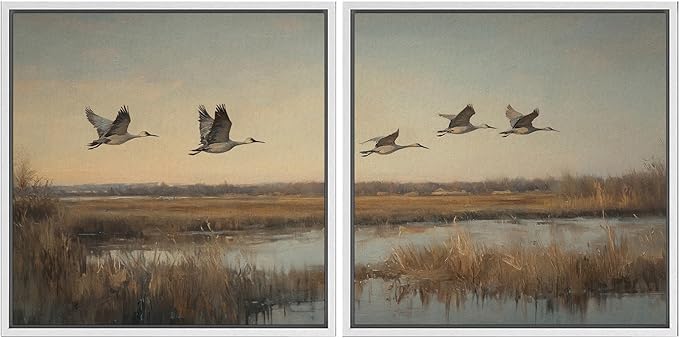 SIGNFORD Framed Canvas Print Wall Art Set Flying Cranes Over Marsh Nature Bird Landscape Illustrations Modern Art Minimal Relax/Calm for Living Room, Bedroom, Office - 16"x16"x2 White