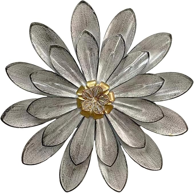 Novbvia Metal Flower Wall Sculpture, 12" Rustic Modern Floral Artwork, Distressed 3D Layered Iron Flower Wall Hanging Accent for Indoor/Outdoor, Kitchen,Living Room Office Garden Decor (Grey)
