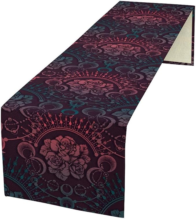 Moon Table Runner, Mystical Boho Magic Astrology Floral Rose Print Table Runner for Kitchen Dining Party Wedding Restaurant Picnic, 13x120 Inch