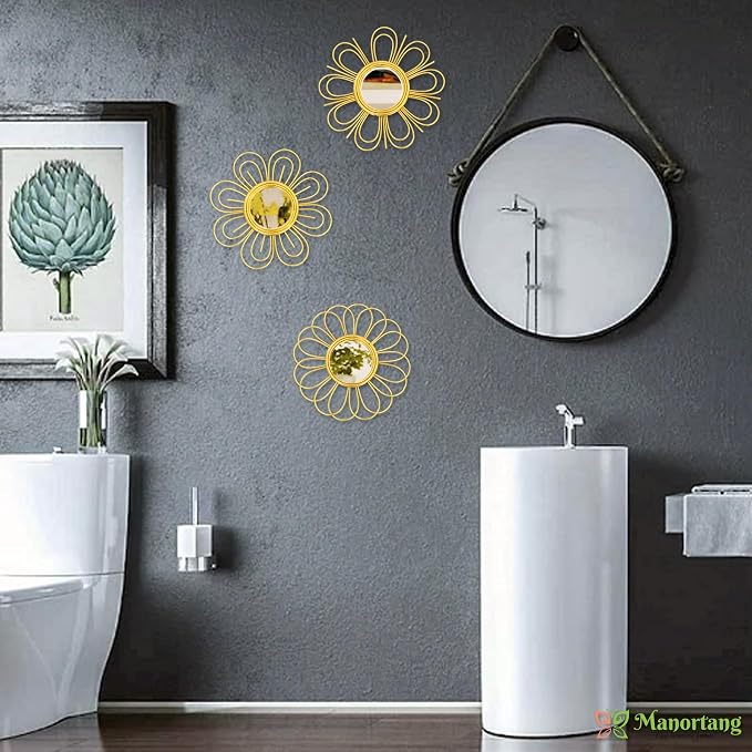 Gold Mirrors 3 Piece, 9 inch Flower-Shaped Mirror Hanging Wall Decor, Valentine Decorative Mirror Wall Art, Round Mirrors for Bedroom,Living Room,Bathroom, House Warming Valentine Gifts