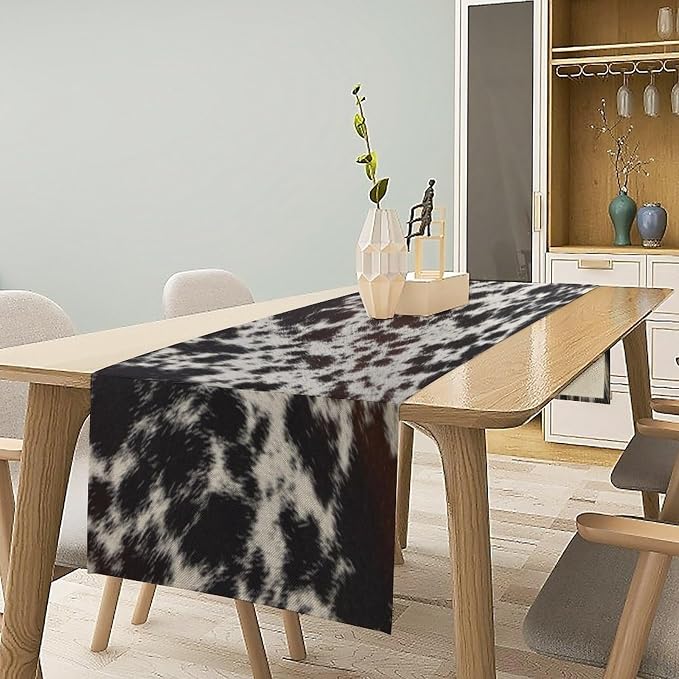Cow Print Table Runner,Farmhouse Western White Black Cowhide Pattern Table Runner for Coffee Table Dining Room Table Bedroom Party Holiday Decor 13x120inch