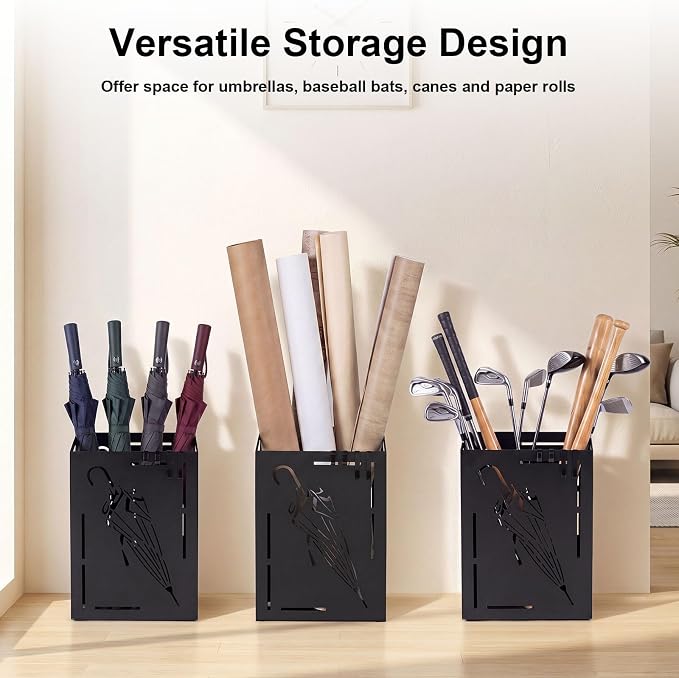 Goplus Metal Umbrella Holder, Rectangular Indoor Umbrella Stand Freestanding w/Removable Drip Tray, 4 Hanging Hooks, Heavy-Duty Umbrella Holders for Entryway, Home Office, 11 x 5 x 16 Inch, Black