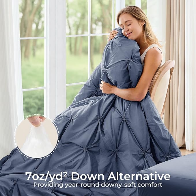 Sasttie California King Comforter Set, 7-Piece Bed in a Bag Cal King, Pintuck Bedding Set for All Season, Includes Comforter, Flat Sheet, Fitted Sheet, Pillowcases and Pillowshams, Indigo Blue