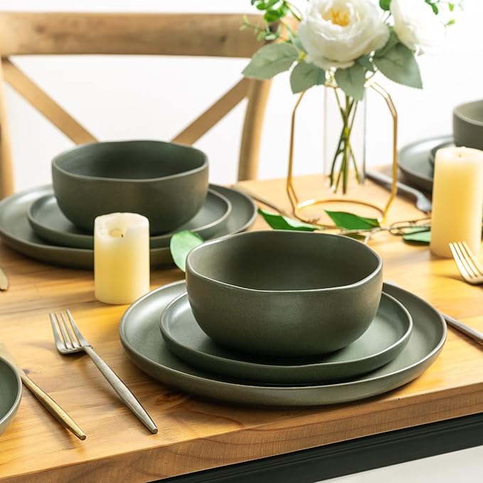AmorArc Ceramic Dinnerware Sets, Wavy Rim Stoneware Plates and Bowls Sets,Dishwasher & Microwave & Oven Safe Dishes set, Service for 4 (12pc)-Mix Color
