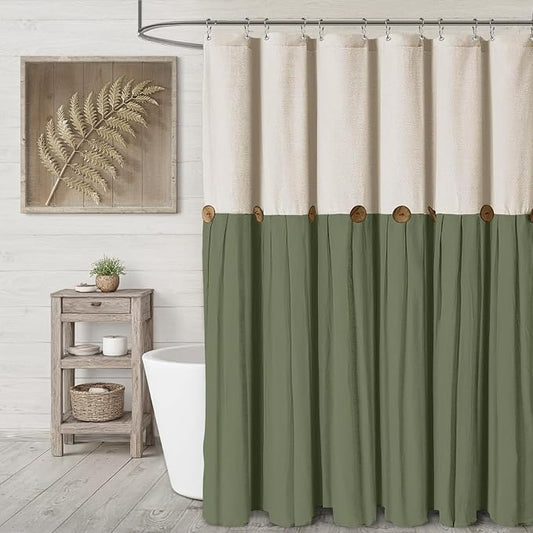Farmhouse Shower Curtain Linen Button Woven Fabric Country Rustic Western, Cream & Green 72" W x 72" L