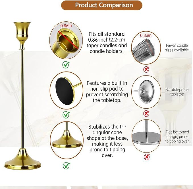 1 Sets Candle Holder Brass Gold Candlestick Holders - HearthLume Vintage Modern Metal Taper Candle Holders, Decorative Centerpiece for Table Mantel, Wedding Kitchen Home Decor, Wedding Gift,3Pcs