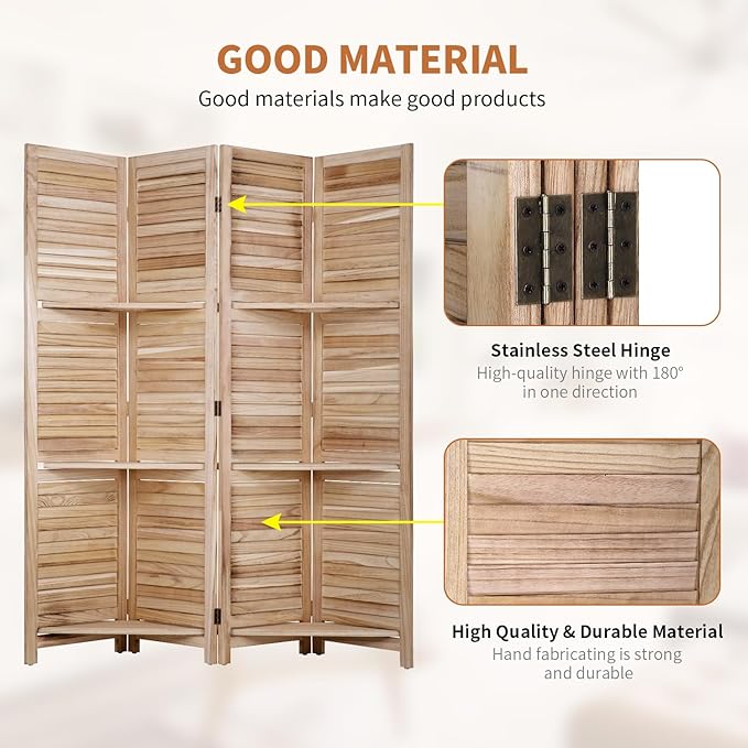 Room Divider 4 Panel Folding Wood 5.6 Ft Tall Privacy Screen Dividers Wall with Three Shelves Portable Partition (Natural)