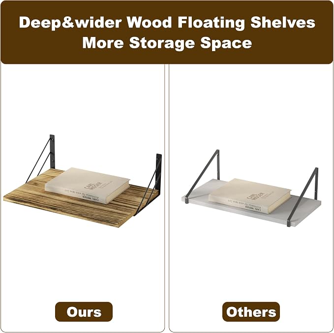 Love-KANKEI Wide Floating Shelves for Wall, Carbonized Black 16" W x 12" D Large Deep Wood Wall Shelves for Storage in Bathroom, Bedroom, Living Room, and Kitchen Set of 2