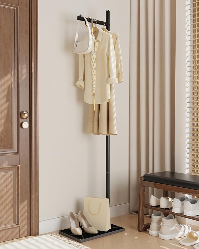 Yawinhe Metal Coat Stand, Coat Rack with Rock Base, L Shaped Freestanding Hall Tree, Clothes Hanger Stand Suitable for Bedroom, Hallway, Entrance,68.5 Inches High,Black