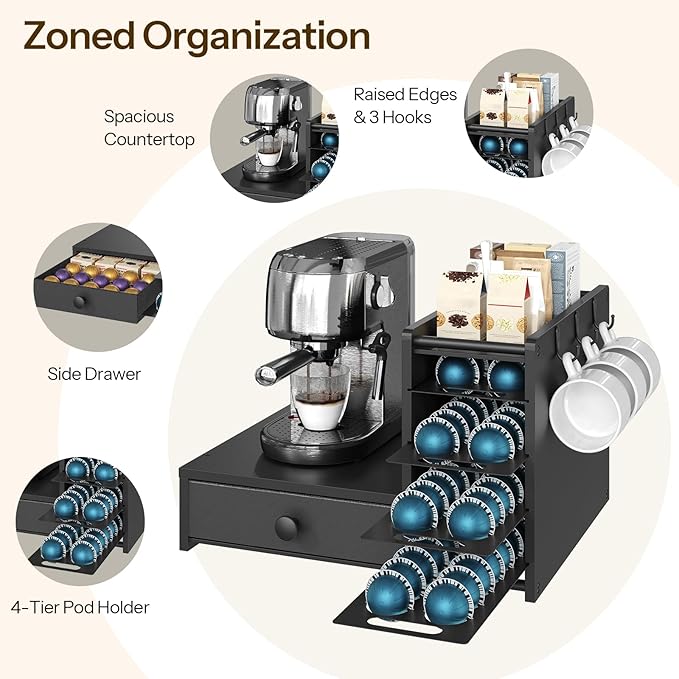 YATINEY Coffee Pod Drawer Holder, 4 Tier Holder for Vertuo, 72 Pods Large Capacity, Coffee Station Organizer with Storage Drawer and 3 Hooks, Black KH02BB