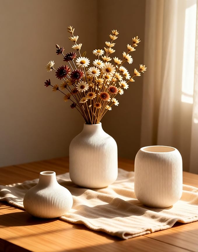 White Ceramic Vases for Decor, 3 Set Small Modern Minimalist Ribbed Vases Decorative for Table Shelf Decor Bookshelf Decoration Vase