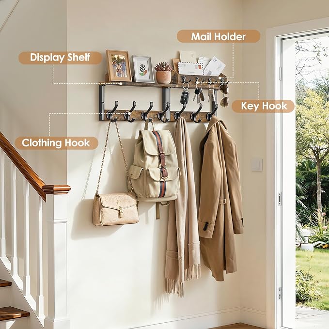 Lewondr Coat Rack Wall Mount with Shelf, 29" Entryway Wall Mounted Shelf with 7 Dual Hooks 4 Key Hooks, Entryway Floating Coat Rack with Mail Holder for Living Room, Bedroom, Vintage Brown