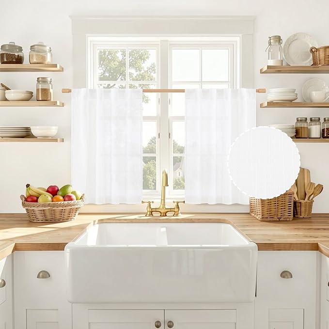 LAMIT Short Linen Kitchen Curtains 36 Inch Length for Small Windows, White Light Filtering Cafe Drapes Back Tab and Rod Pocket Semi Sheer Neutral Panels for Window Over Sink, 2 Panels, 34 x 36 Inch
