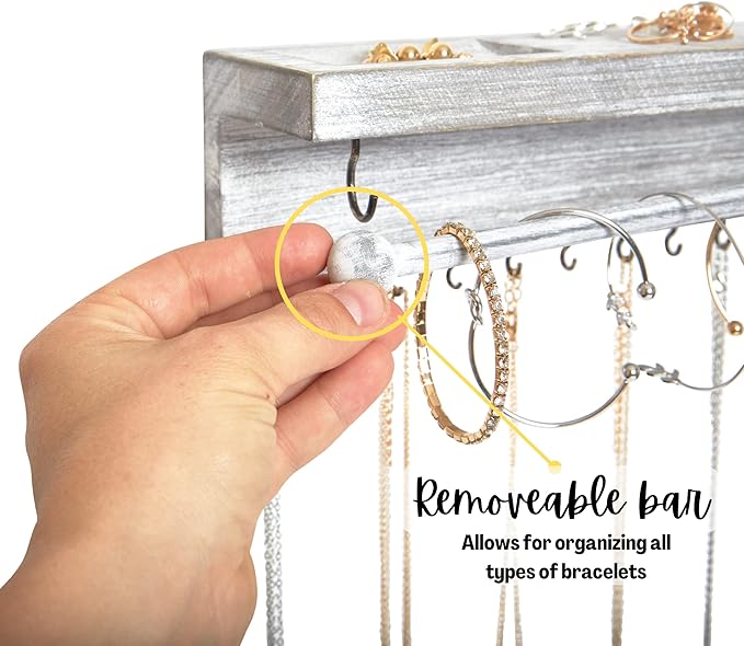 Rustic White Necklace Jewelry Organizer - Wall Mount Jewelry Holder - Mounted Hanging Jewelry Storage Hooks for Necklace, Earrings, and Rings - Farmhouse Wood Decor Bedroom Boho Shelf Rack