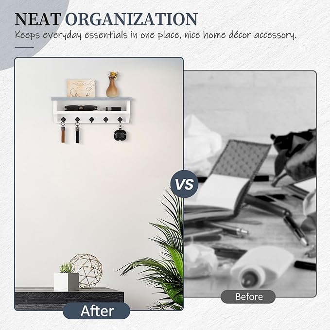 Nekon Key Holder Wall Mount, Wall Organizer Shelf with 5 Key Hooks, Room Decor for Home and Apartment Essentials, Gray and White
