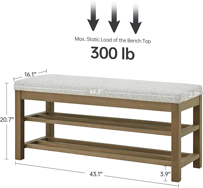 VKNOW Entryway Bench, 44.3” Upholstered Shoe Storage Bench for Bedroom, 2-Tier Storage End of Bed Bench with Rubberwood Legs for Living Room, Hallway, Beige