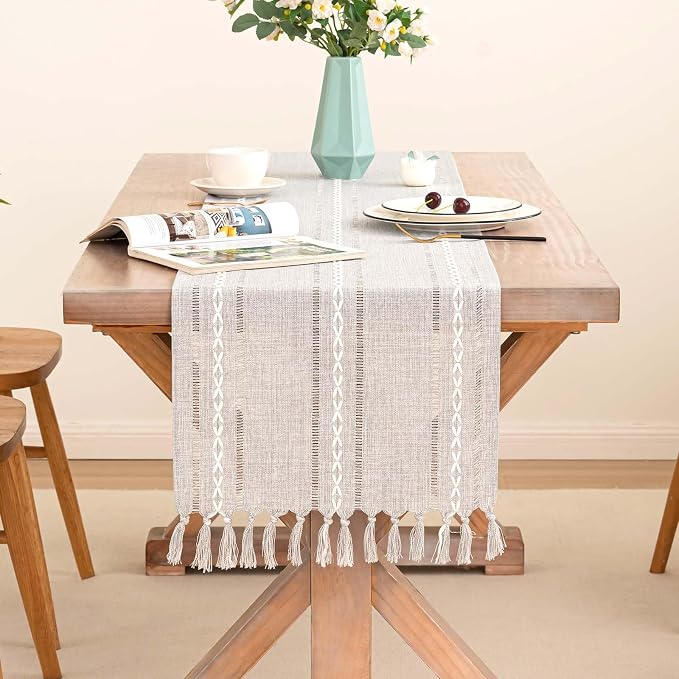 Table Runner, Rustic Farmhouse Linen Waterproof Table Runners for Holiday Party, Dresser Decor and Dining Room Decorations-Light Grey-14"x72", 4-6 Seats