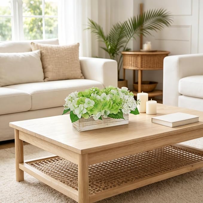 Green Hydrangea Artificial Flowers Arrangement in Wooden Planter Pot, Fake Hydrangea Flowers with Rectangular Box Vase, Silk Floral Centerpiece for Dining Room, Coffee Table, Kitchen, Windowsill Decor
