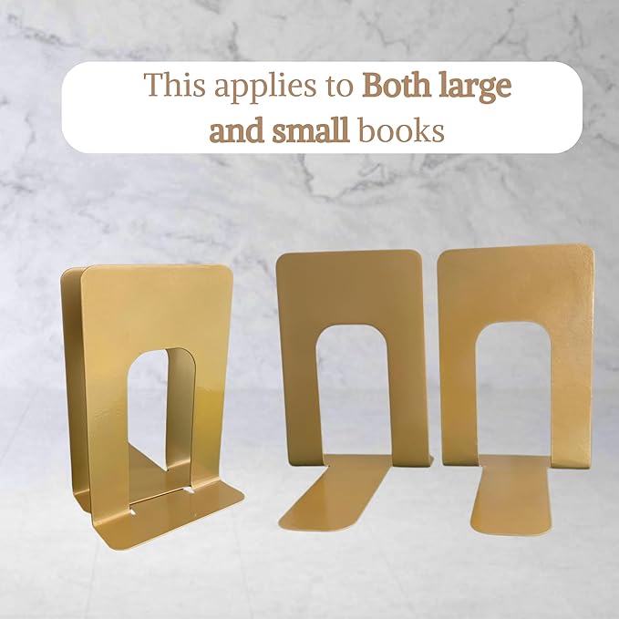 Alessk Gold Metal Bookends for Shelves – Heavy Duty Decorative Bookends for Heavy Books – Modern Book Ends for Home Office Bookshelf – 1 Pairs (2 Pieces)