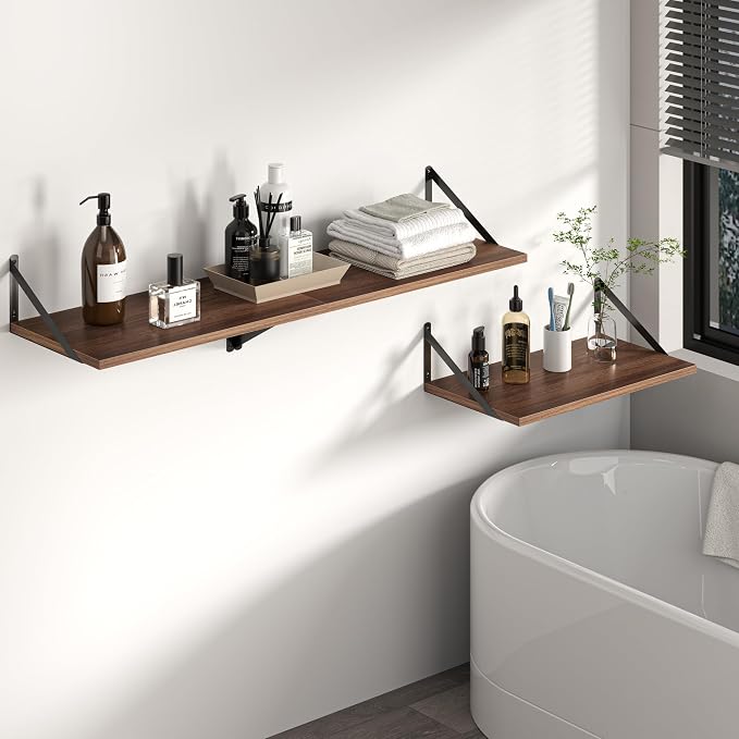 Heimlove 12 Inch Deep Floating Shelves for Wall, 40W x 12D Wood Wall Shelves Set of 2, Walnut Wide Floating Bookshelf for Living Room, Kitchen, Office, Bedroom, with Black Metal Bracke - Walnut