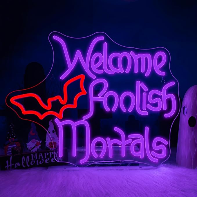 WLHOPE Welcome Foolish Mortals Halloween Neon Sign LED Neon Signs for Wall Halloween Decor Light Up Sign for Wall Decor Party Door Windows Bar Man Cave Decoration USB Powerd 16.1x12.6inches