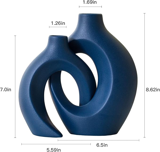 Lvases Snuggle Hollow Ceramic Vase Set of 2, Nordic Modern Boho ins Style Ceramic Aesthetic Flower Vases for Home Decor Living Room Coffee Table Decorative (Matte Navy Blue W 6.3" X H 8.4")