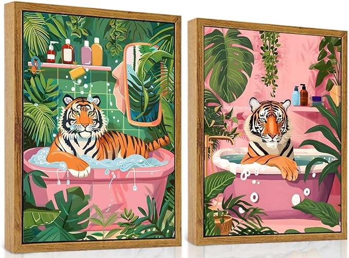 ARTZIO Framed Canvas Wall Art–Whimsical Tiger in Bathtub Jungle Bath Decor,Funny Animal Wall Art for Bathroom,Living Room & Home Office–Set of 2 (12×16″)