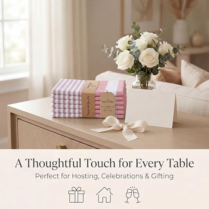 Urban Villa Cloth Napkins 100% Cotton Highly Absorbent Washable Reusable Premium Dinner Napkins Ideal for Gifts for Mothers Day Hotel Farmhouse Parties - Garnet Red Stripes (20" x 20", Set of 12)