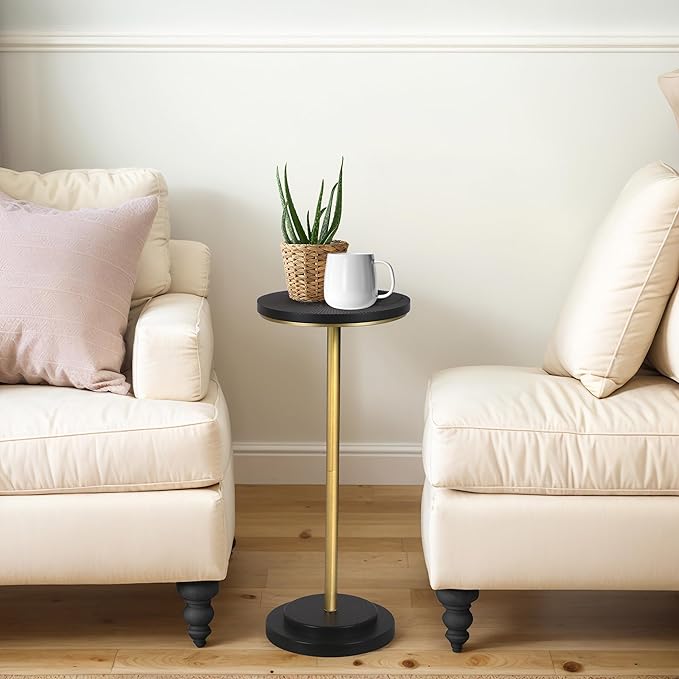 COVLON Drink Table Set of 2, Small Round Pedestal Side Table with Carved Top for Living Room, Bedroom, Small Space, Corners and Office, Gold and Black