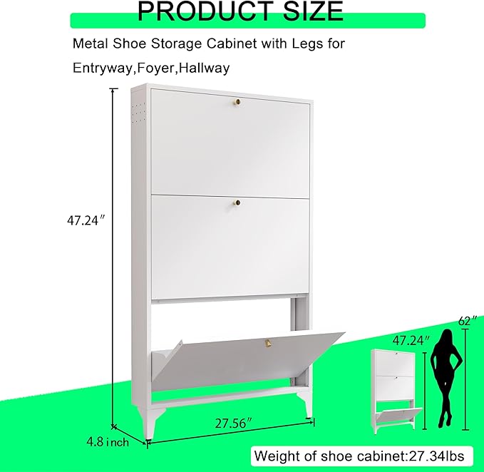 Shoe Storage Cabinet for Entryway with 3 Flip Drawers, Freestanding Shoe Organizer with Legs,Farmhouse Narrow Shoe Storage Cabinet for Entryway, Foyer,Living Room (3-Drawers, White)
