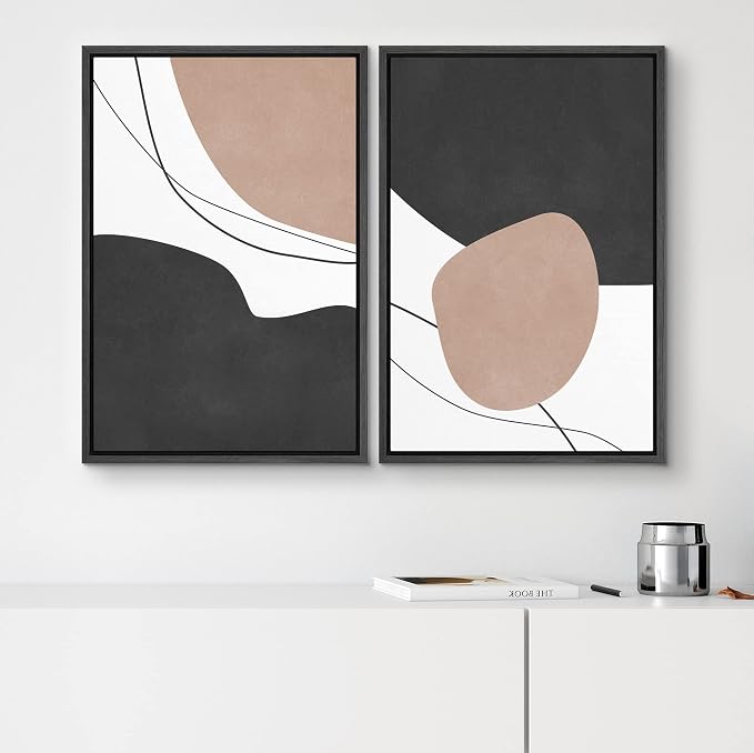 SIGNWIN Framed Canvas Print Wall Art Set Brown Black Mid-Century Color Block Abstract Shapes Illustrations Modern Art Decorative Nordic Multicolor for Living Room, Bedroom, Office - 24"x36"x2 Black
