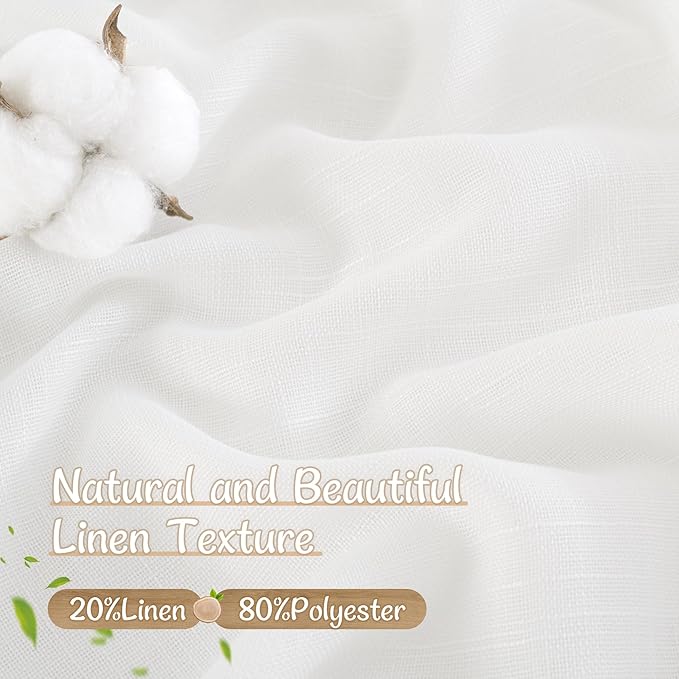 LAMIT White Semi Sheer Linen Curtains for Bedroom 2 Panels Set, 54 Inch Light Filtering Neutral Drapes Back Tab and Rod Pocket Panels for Kitchen/Small Windows/Living Room, 34 x 54 Inch