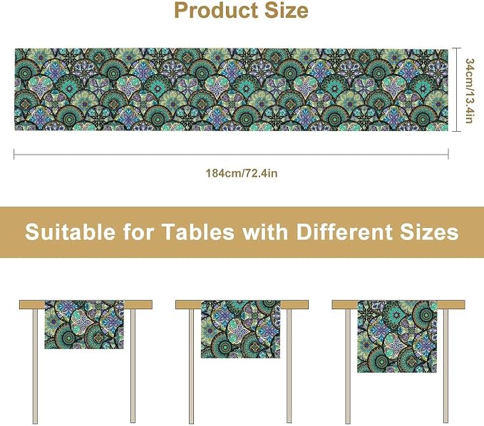 YCness Bohemian Mandala Flower Table Runner Boho Abstract Flowers Art Printed Green Table Runner Home Kitchen Dining Party Holiday Table, 13x36 Inch