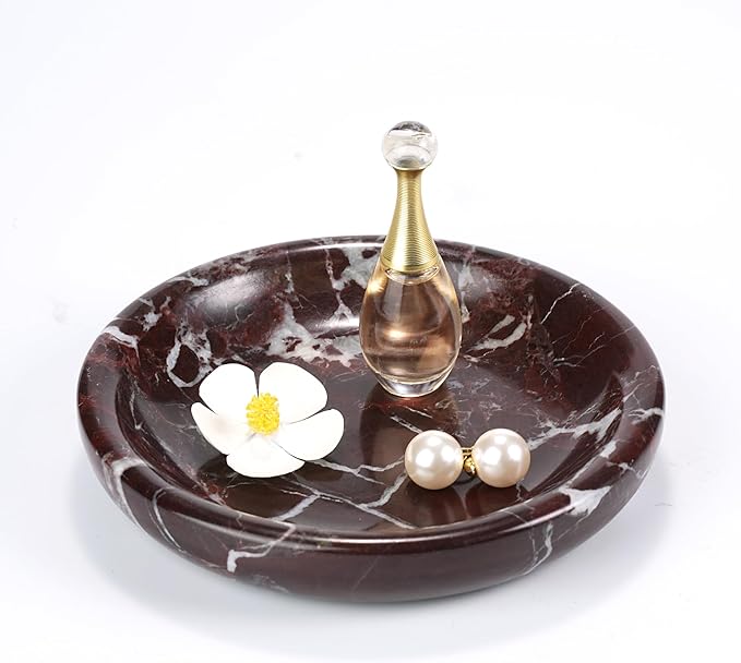 Trinket Marble Jewelry Tray - Stone Ring Key Purse Holder Dish, Small Cute Round Plate Decorative Bowl for Nightstand Entryway Coffee Table Decor (5.5 inch)