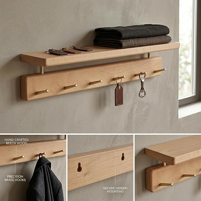 Wall Mounted Coat Rack with Shelf, Wooden Entryway Organizer with 10 Hooks, Wall Shelf with Hooks for Hallway, Bedroom, Bathroom (Beech, 30.71inch/78cm)