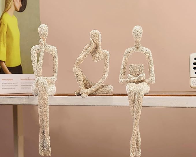 Gold Home Decor Thinker Statue Accents, Set of 3 Thinker Sculptures Office Decor Modern Abstract Resin Decoration on Shelf Table Desk for Living Room Office Bedroom Bookshelf Decor (Large Sandstone)