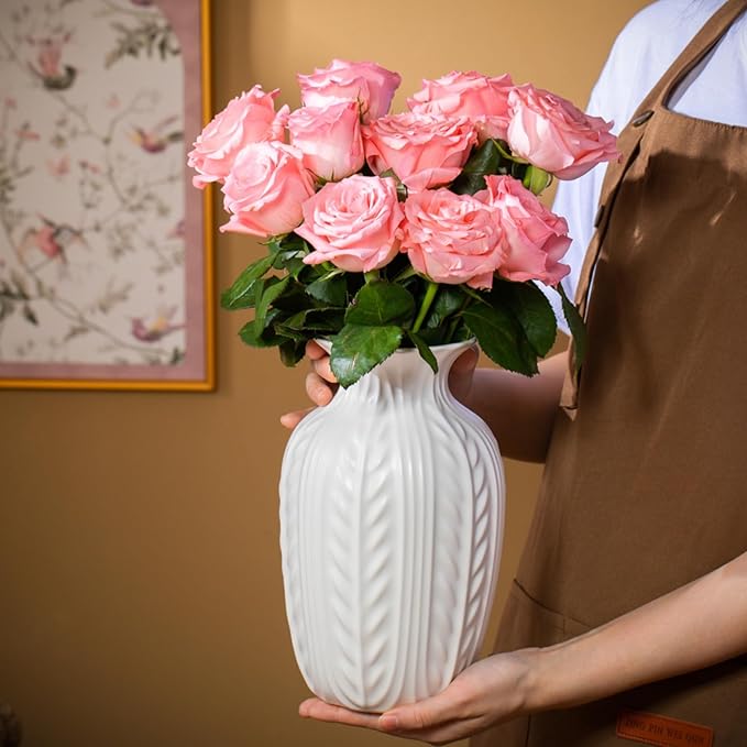 Lvases Matte White Ceramic Flower Vase, 10 Inch Unique Wheat Ear Textured Modern Large Vases for Trendy Home Decor Living Room Entryway Shelf Office Rustic Table Centerpiece (Matte White)