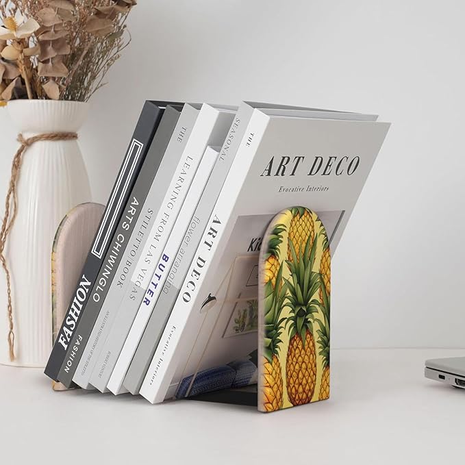 Yellow Pineapple Fruit Print Wood Book Ends for Shelves, Non-Skid Bookends for Office, Library, and Home Decor, 1 Pair