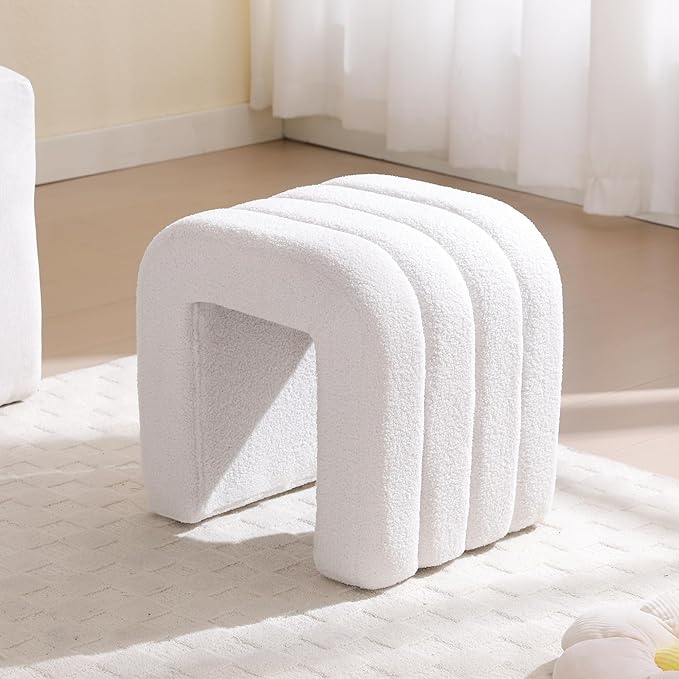 White Teddy Fleece Tufted Ottoman Stool, Small Arch Footrest for Couch, Modern Vanity Stool with Non-Slip Pads for Makeup Room, Living Room, Entryway, 15.4 x 19.3 x 17.9 Inches, 260lb Capacity