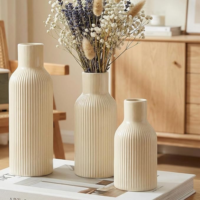 Glossy Beige Ceramic Vases Set of 3, Matte Round with 3D Ribbed Texture, Nordic Minimalist for Pampas Grass, Dried & Fresh Flowers, Centerpiece for Living Room, Shelf, Entryway, Wedding