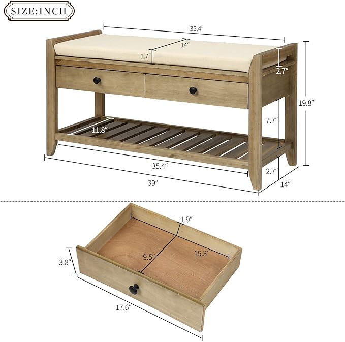 Knocbel Entry Storage Bench Shoes Rack with Cushioned Seat, 2 Drawers & Slatted Shelf, Living Room Entryway Hallway Foyer Shoe Bench Bedroom End of Bed Bench (Gray Wash)