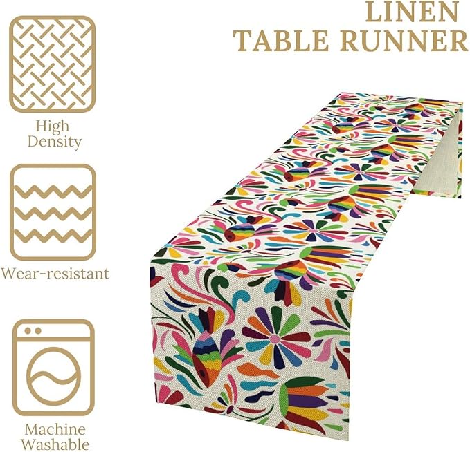 YCness Mexican Floral Themed Table Runer, Linen Colorful Mexican National Element Tradition Table Runner for Party for Party Home Bedroom Living Room Kitchen, 13x108 Inch