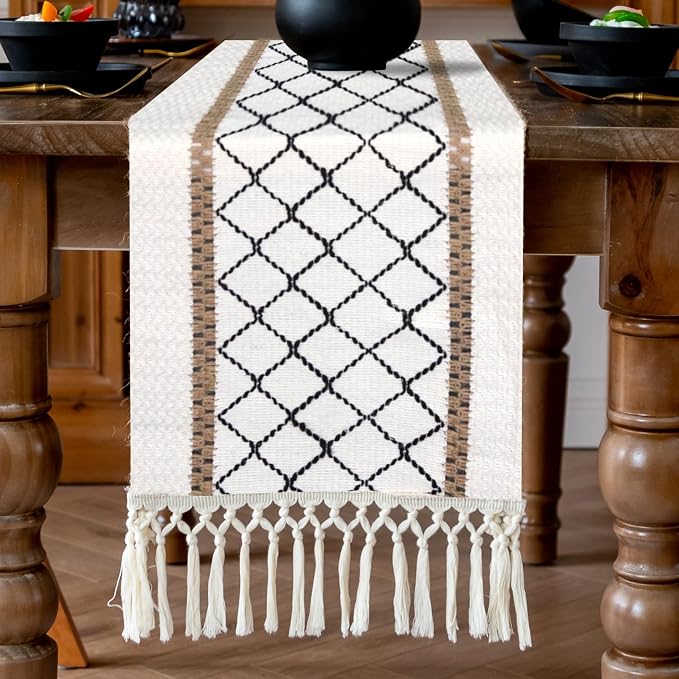 EMMTEEY Macrame Table Runner Boho Style - Scratch & Heat Resistant, Hexagonal Grid Cotton Linen Table Runner with Tassels for Home Decor/Bedroom (12"X94", Black)