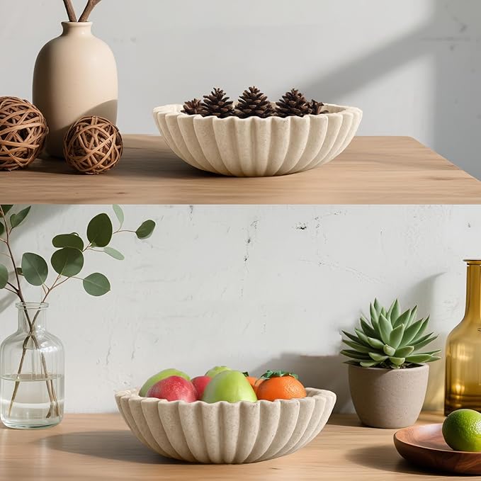 10'' Scalloped Decorative Key Bowl for Entryway Coffee Table - Catchall Trinket Large Candy Fruit Purse Holder Kitchen Countertop Console Modern Home Decor, Artificial Stone Beige