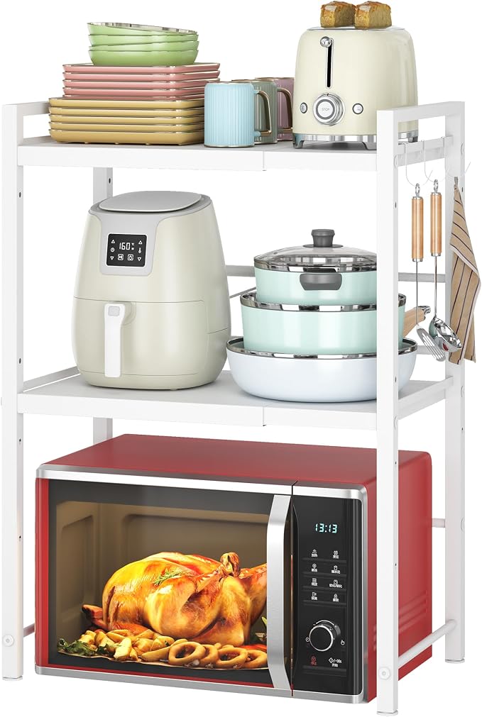 DOLALIKE Microwave Oven Rack, Expandable Microwave Stand Kitchen Countertop Organizer Utensils Storage, Carbon Steel Over Microwave Shelf with 3 Hooks (White, 3 Tier)
