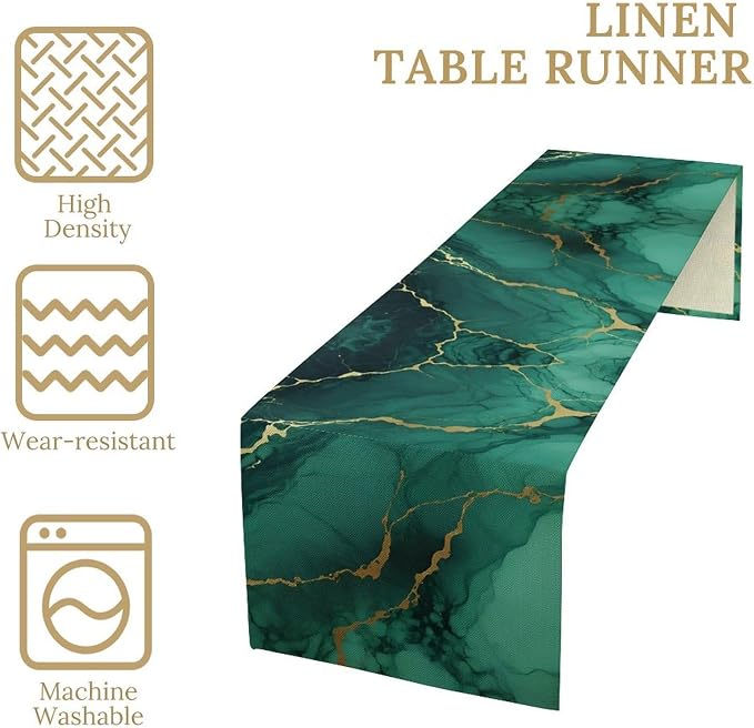 Luxurious Teal Marble Table Runner, Dark Green Gold Textured Art Accent Table Runner for Kitchen Dining Cafe Party Home Decor, 13x90 Inch