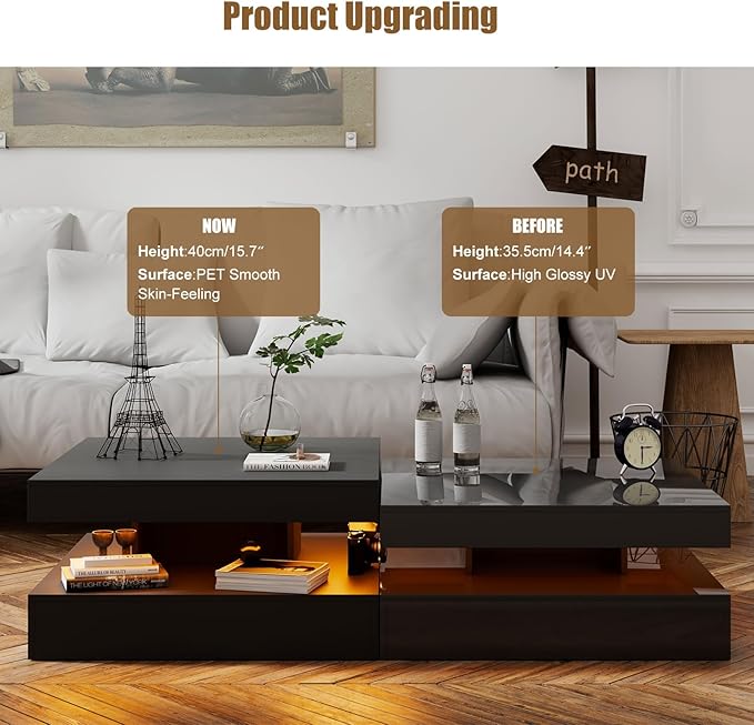 HedoAjim Black LED Coffee Table for Living Room, Living Room Table 2-Tier Square Middle Center Table, Modern Coffee Tables with Storage, Wood Tea Tables for Dining Reception, Skin Feeling