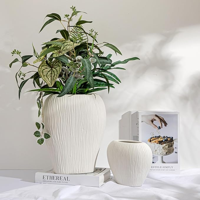 Slim Flat Ceramic Vase for Home Decor, 7" Ribbed Modern Flower Vase, Space-Saving Narrow Decorative Vase for Pampas Grass Artificial Flowers, Farmhouse Boho Table Centerpiece, White