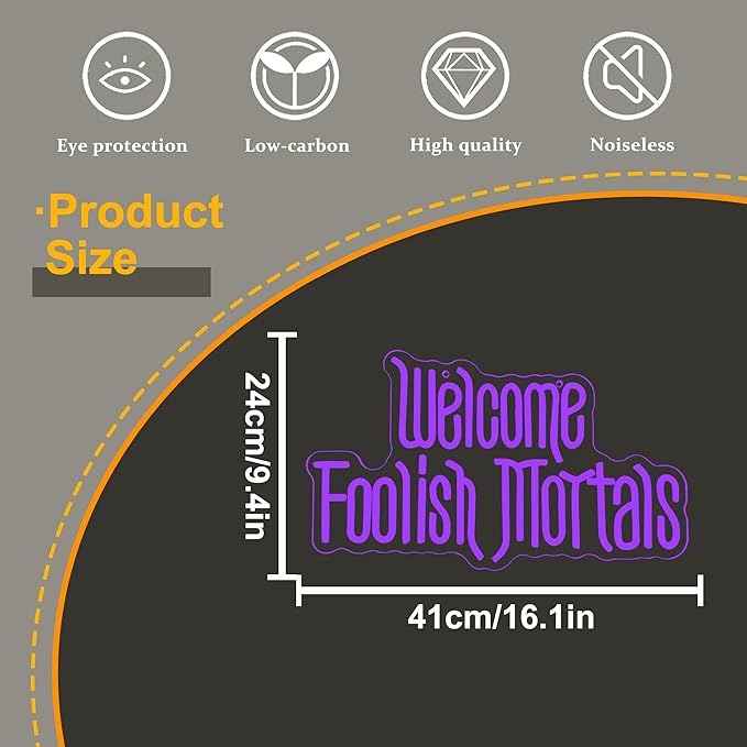 Welcome Foolish Mortals Neon Sign,Dimmable Spooky Gothic Purple Haunted Mansion Coffin LED Neon Signs for Wall Decor,USB Powered Led Neon Light for Haunted House Man Cave Halloween Party Birthday Gifts