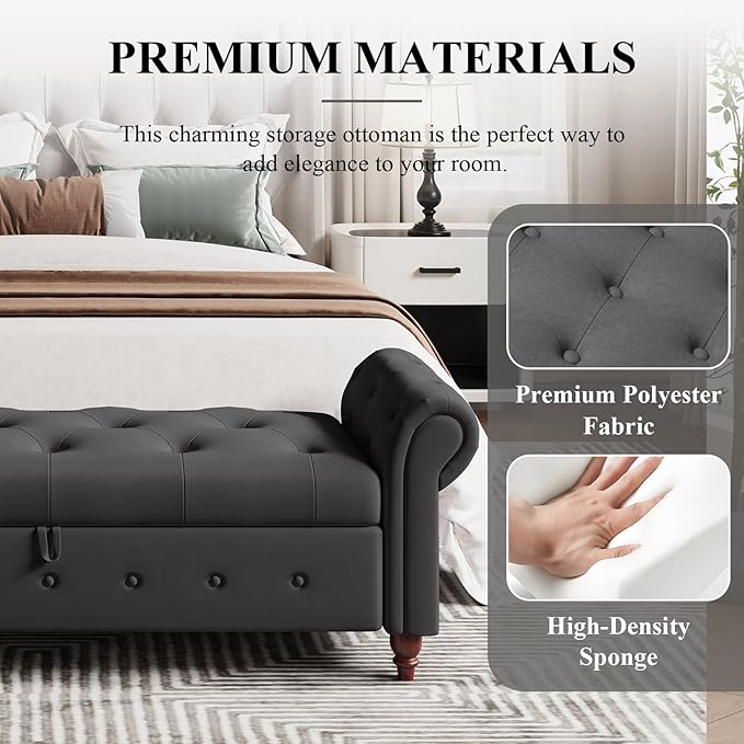 Modern 63'' Storage Ottoman Bench, Upholstered End Bed Bench with Curved Armrest, Button Tufted Entryway Bench with Wood Legs, Bed Bench for Bedroom, Living Room, Hallway (Dark Grey)